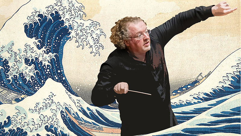 Stephane Deneve conducts with famous Great Wave painting